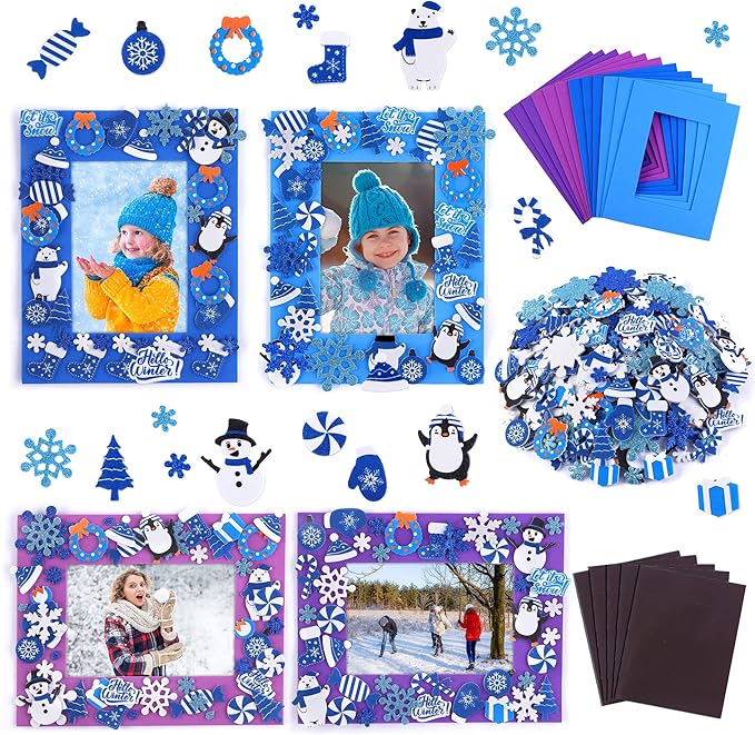 Fovths 12 Pieces Christmas Frozen Party Foam Picture Frames DIY Craft, 300 Pieces Snowflake Snowman Penguin Foam Stickers, 24 Pieces Craft Stickers for Winter Snow Party