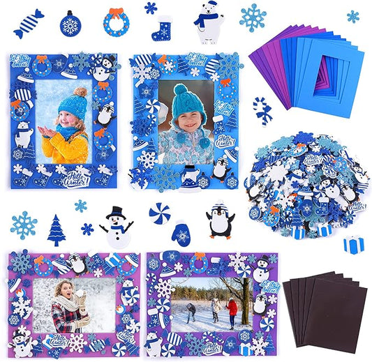 Fovths 12 Pieces Christmas Frozen Party Foam Picture Frames DIY Craft, 300 Pieces Snowflake Snowman Penguin Foam Stickers, 24 Pieces Craft Stickers for Winter Snow Party