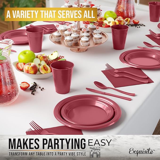Party Solids 350 Pieces Burgundy Plastic Plates For Party, Burgundy Disposable Plates Set, 50 Of Each 9" Dinner Plate Set, 7" Dessert Plate, Cups, Napkins & Cutlery Plastic Dinnerware