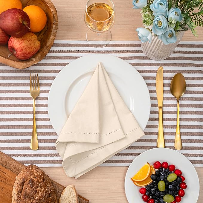 Blue Needles Set of 6 Hemstitch Linen Napkins 100% Cotton Cream Cloth Dinner Napkins 18x18 inches, Soft, Reusable, Absorbent, Washable, Ideal for Fall Thanksgiving Events, Parties & Everyday Use