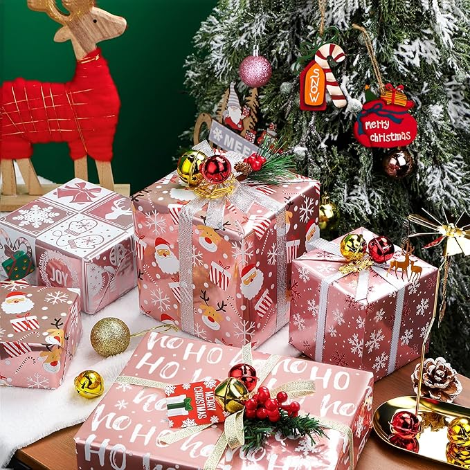 WRAPAHOLIC 30 Inch Christmas Wrapping Paper Roll - Jumbo Roll Rose Gold Santa, Snowflakes and Reindeer Holiday Collection with Metallic Foil Shine - 4 Rolls - 30 Inch x 120 Inch Per Roll
