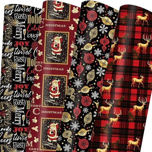 Vnaaem Vintage Christmas Wrapping Paper Red Black Gift Wrap Christmas Text Bufflao Plaid and Reindeer Design for Holiday Party Celebration - 20 X 28Inches Per Sheet(8 Pack)