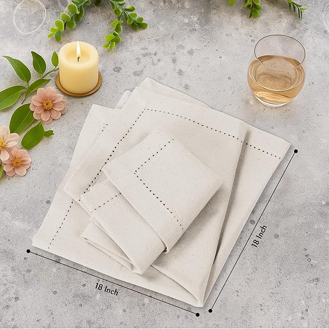 Ruvanti Cloth Napkins - 100% Cotton Dinner Napkins, Hem Stitched Corners, 18x18 Inch, 12 Pack - Soft, Absorbent, Durable, Reusable, Wrinkle Resistant for Formal Dining & Everyday Use - Natural Color