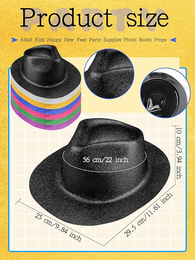 28 Pack Plastic Party Hats Bulk Glitter Party Hat Fedora Party Hat Gangster Hat for Adult Kids Costume Accessory
