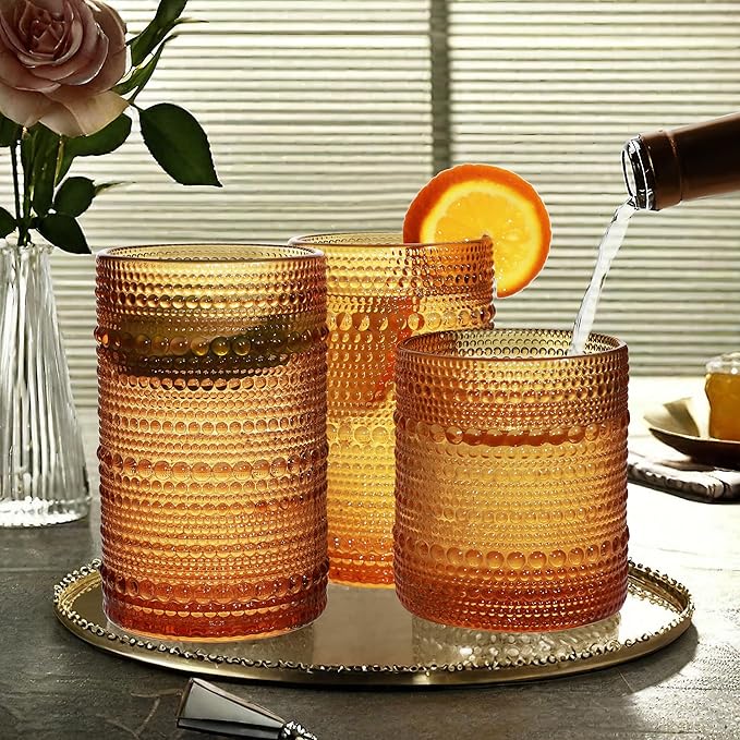 Vintage Hobnail Driinking Glasses Set, Glassware Drinking Set of 8, 12 oz Highball Glasses & 10 oz Cocktail Glasses, Tumbler Glasses for Cocktails, Whiskey, Juice, Milk