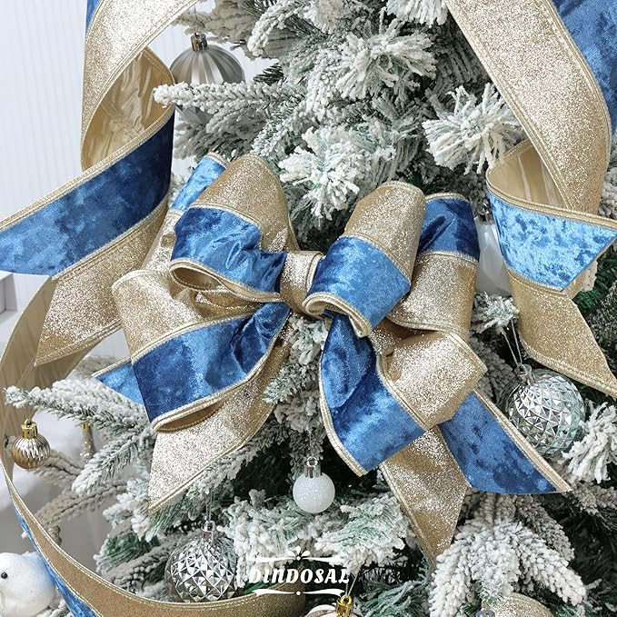 Navy Blue Velvet Wired Christmas Ribbon 4 Inch Extra Wide Thick Blue and Gold Glitter Holiday Ribbon – 10-Yards Roll for Tree Decorations, Gift Wrapping, Wreaths, and DIY Crafts