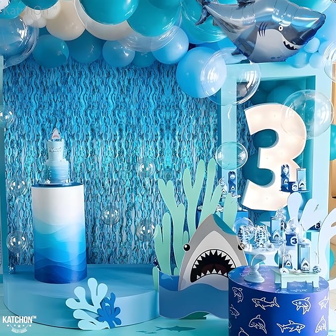 KatchOn, XtraLarge, Wavy Blue Foil Fringe Curtain - Pack of 2 | Blue Fringe Backdrop for Beach Party Decorations | Wavy Streamers For Birthday, Under The Sea Party Decoration | Pool, Summer Decoration