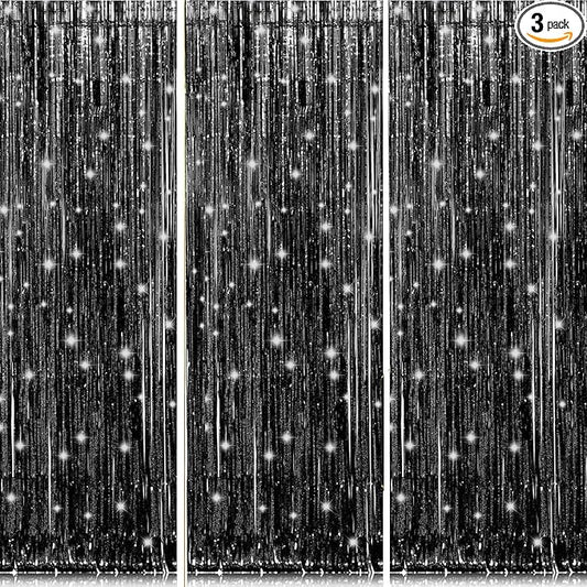 3 Pack Shiny Black Backdrop Party Decorations Tinsel Curtain Party Backdrop Foil Fringe Birthday Decorations Photo Booth Streamer Black Theme Bachelorette Graduation Party Decorations