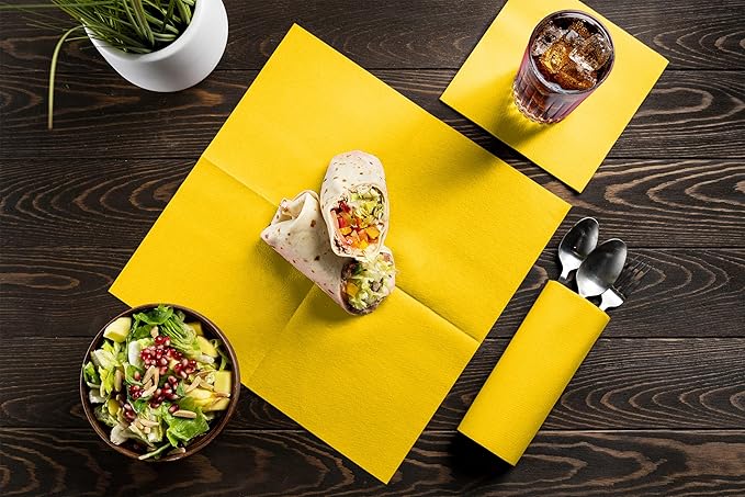 Linen-Feel Colored Paper Napkins - Decortive Cloth-Like YELLOW Luncheon Napkins - Soft And Absorbent. For Kitchen, Party, Wedding, Dinner Or Any Occasion. (Pack of 50)