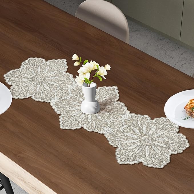 Beaded Table Runner - Elegant & Versatile Dining & Kitchen Linen for Home Decor, Weddings, Parties, Special Occasions, Modern Table Decoration & Luxury Festive Accessory White Silver - CLEENTABLE