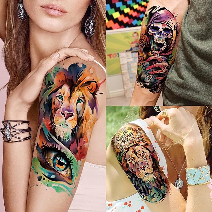 55 Sheets 3D Watercolor Temporary Tattoos For Women Men Adults Kids - Realistic Animal Print, Tribal, Floral, Halloween Designs - Multicolor - Waterproof - Ages 3+