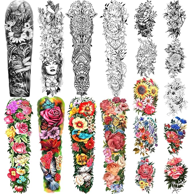 Temporary Tattoo Full Arm 8 Sheets and Half Arm Shoulder Waterproof Fake Tattoos 10 Sheets, Extra Large LastingTattoo Stickers for Girls or Women