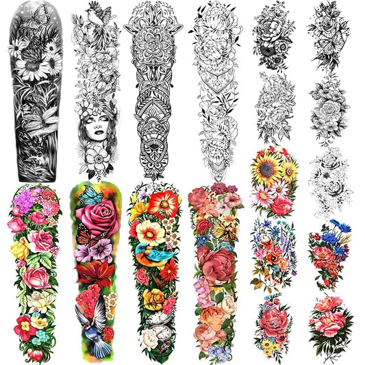 Temporary Tattoo Full Arm 8 Sheets and Half Arm Shoulder Waterproof Fake Tattoos 10 Sheets, Extra Large LastingTattoo Stickers for Girls or Women