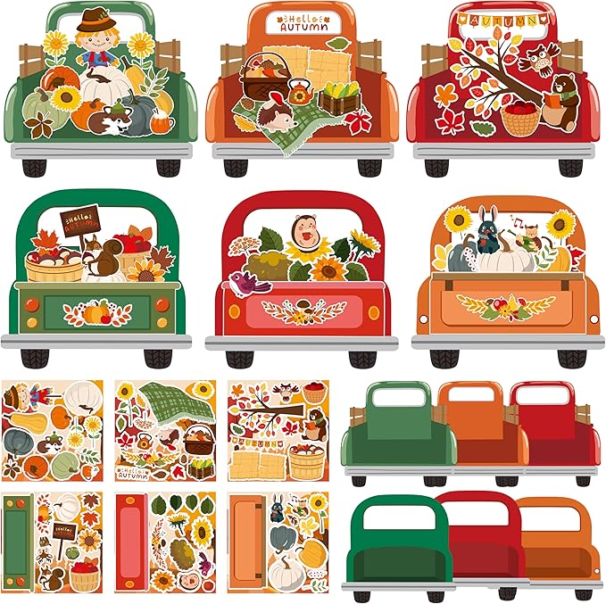 CY2SIDE Fall Truck Stickers Scene - 12PCS Hello Autumn Stickers Scene for Kids Make A Truck Sticker Scene with Pumpkin Maple Make Your Own Fall Truck Art Craft DIY Fall Party Games Class Activities
