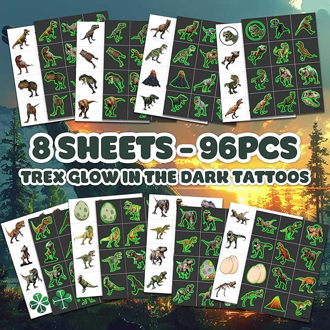 96 PCS T Rex Dinosaur Pre-Cut Temporary Tattoos Birthday Party Decorations Favors Supplies Decor 3D Tyrannosaurus Rex Dino Trex Cute Stickers Boys Girls Gift School Prizes Rewards (Luminous)