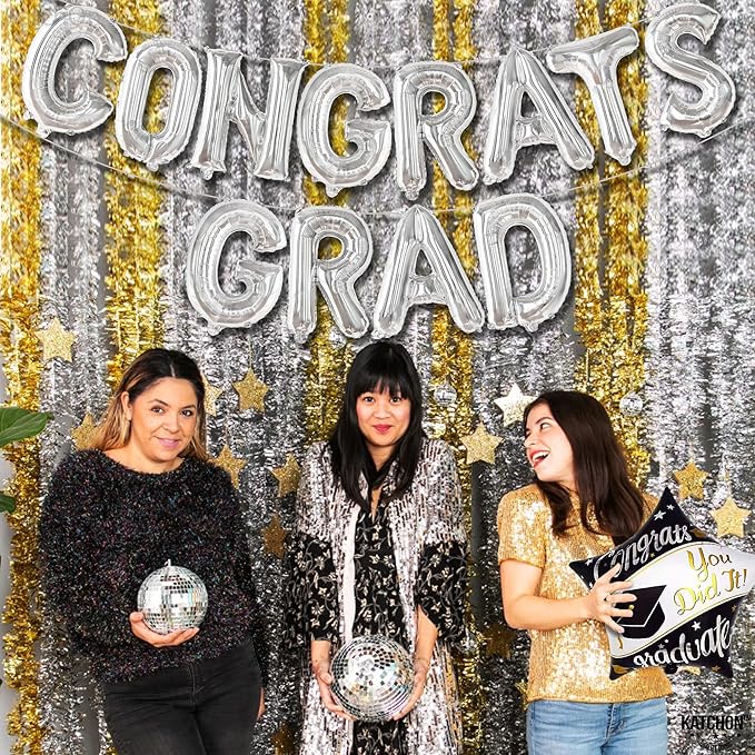 KatchOn, Silver Congrats Grad Balloons - 16 Inch | Foil Congrats Grad Balloon Banner For Graduation Decorations 2025 | Congratulations Balloons | Graduation Party Decorations
