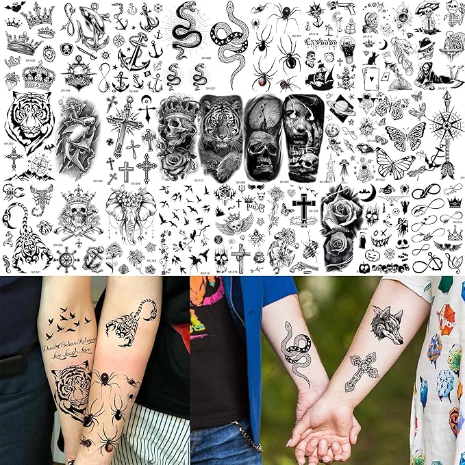 48 Sheets 3D Small Temporary Tattoos For Kids Women Neck Girls Arm Boys, Temp Tiny Halloween Tattoo Stickers Men Spider Cross Scorpion Snake Tiger Lion, Flower Ghost Skull Fake Tatoos Acnhor