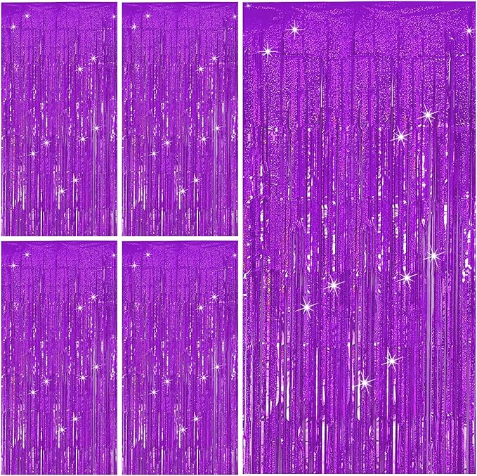 Tinsel Curtain Backdrop Purple Birthday Decorations 5 Packs Glitter Foil Fringe Streamers Photo Booth for Christmas Wedding Halloween Graduation Party Decor