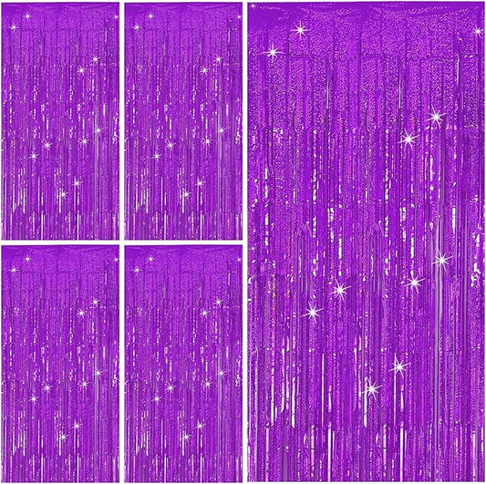 Tinsel Curtain Backdrop Purple Birthday Decorations 5 Packs Glitter Foil Fringe Streamers Photo Booth for Christmas Wedding Halloween Graduation Party Decor