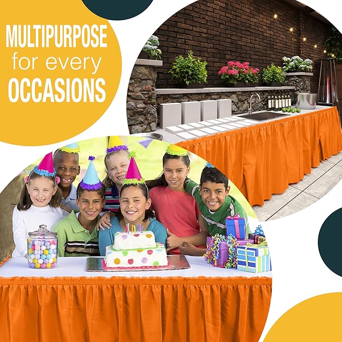Exquisite Ruffle Table Skirt Orange 12 Pack 14 Ft Long Table Skirts for Rectangle Tables 6ft Plus or Round Tables Skirts with Adhesive Strip for Gender Reveal Decor & Happy Birthday Parties