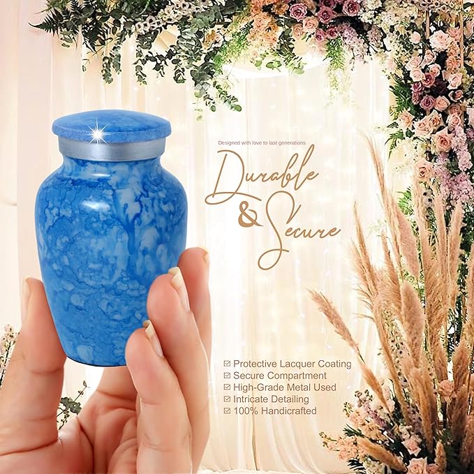 Small Keepsake Urn for Human or Pet Ashes – Handcrafted Aero Blue Marble Mini Urn with Velvet Bag & Gift Box | Durable Metal Memorial Token Jar for Baby, Infant, Pet or Loved One – 3 Cu in