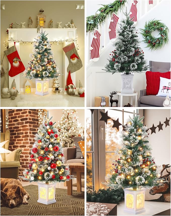 3 ft Mini Christmas Tree with Premium 78 Warm White Led, 8 Mode Xmas Pine Tree for Christmas Decoration, Party Decoration, Home, Office, Snow Flocked White Moose Base 1 Pack