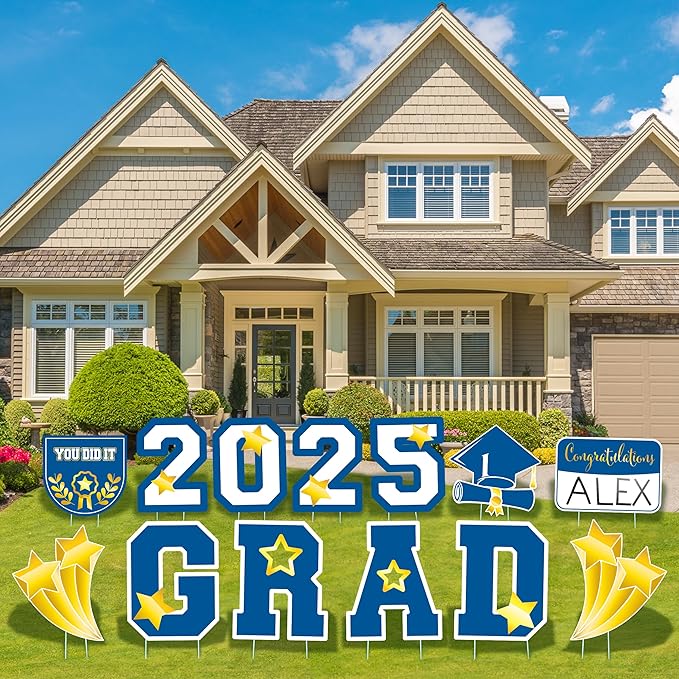 Graduation Yard Sign 2025 with Stakes, Large 2025 Graduation Lawn Signs Set (13 Pcs in Blue and White with Personalized Name DIY Board) Graduation Decorations for Grad Party Indoor or Outdoor