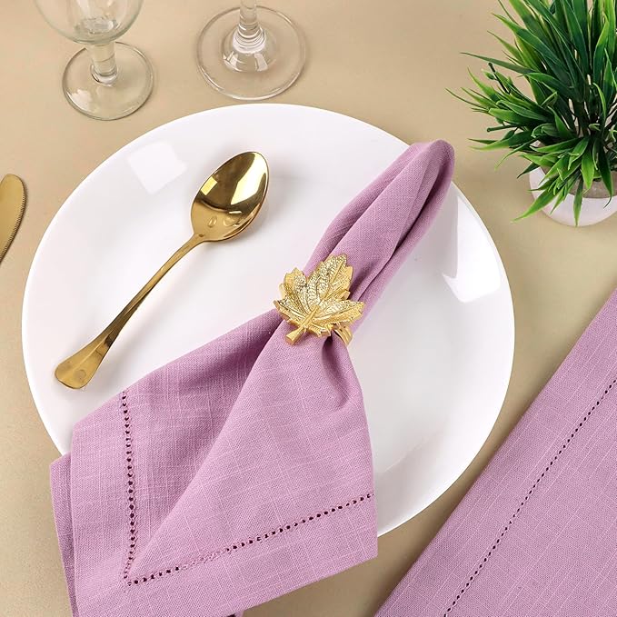 Set of 12 Maple Leaf Napkin Rings - Handcrafted Aluminum Napkin Holders for Cloth & Paper Napkins, Elegant Table Décor for Weddings, Thanksgiving, Christmas & Holiday Parties (Gold) - CLEENTABLE