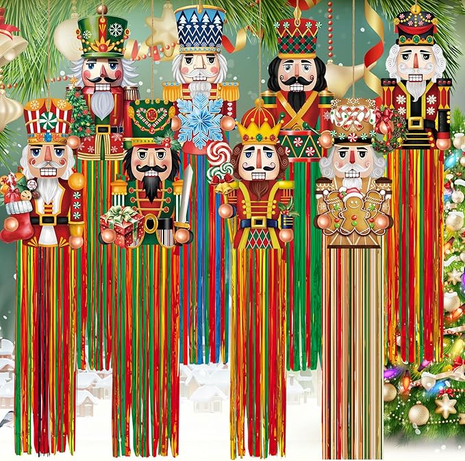 8pcs Nutcracker Christmas Windsocks Outdoor Hanging Decorations with Tassels Christmas Yard Decorations for Outside 3.3ft Xmas Signs for Wall Tree Home Lawn Yard Party Supplies Decor