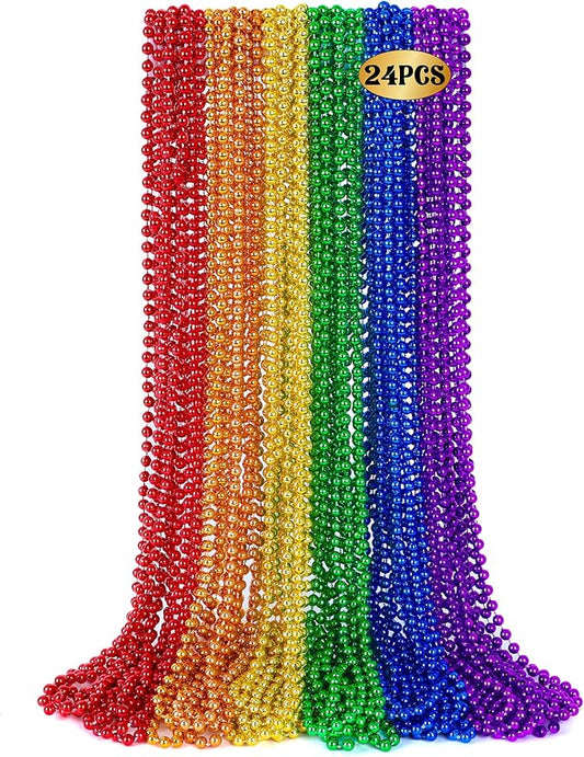 24 PCS Rainbow Beads Necklaces, 33" Round Pride Beaded Bulk, LGBT Colorful Plastic Bead Necklaces, 6 Colors Pride Month Parade Throw Accessories Stuff for Gay Lesbian Party Supplies Decorations