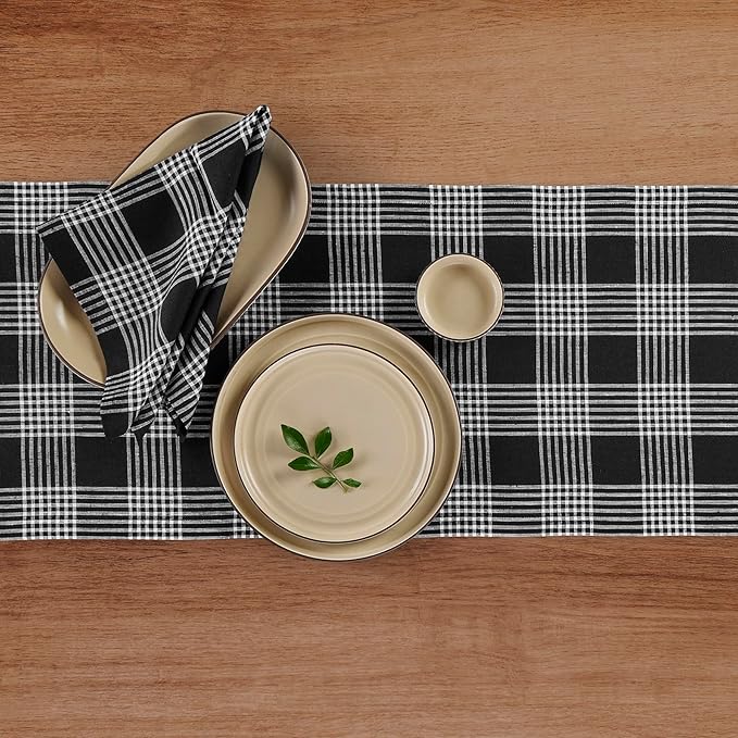 Solino Home Fall Plaid Table Runner 48 Inches - 100% Pure Linen Glen Check Black and White Short Table Runner 14 x 48 Inch Ideal for Dresser and Coffee Tables - Thanksgiving, Holiday