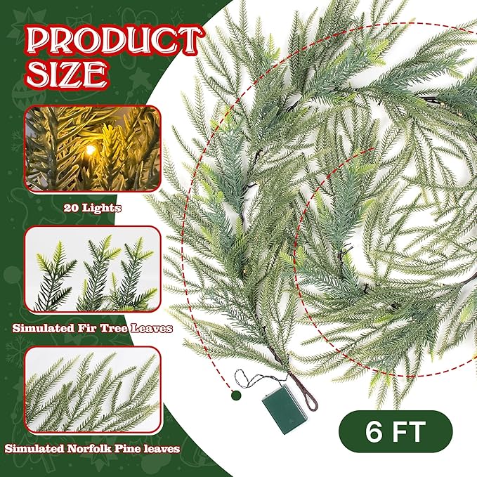 6 FT Artificial Christmas Norfolk Pine Garland, Real Touch Pine Garland with 20 LED Lights, Mixed with Noble Fir, ‌Heavier and Larger, Timer, Perfect for Table Window Mantel Indoor Outdoor