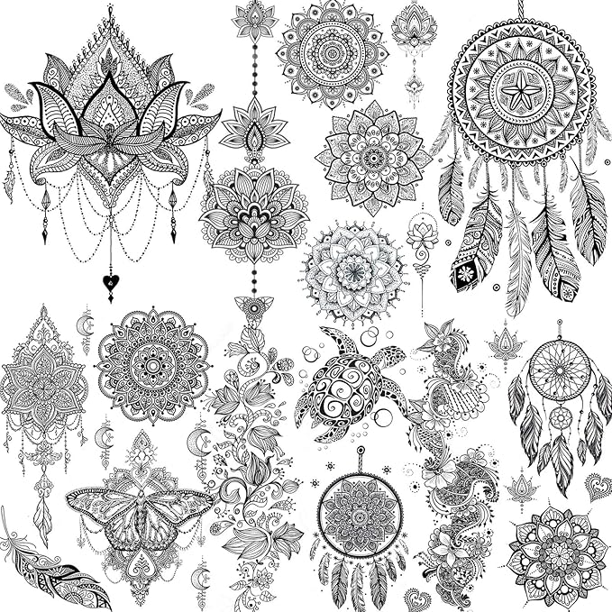 6 Sheets FANRUI Black Henna Temporary Tattoos For Women Lace Mehndi Mandala Flower Tatoos Ink Large Waterproof Lotus Fake Jewelry Pendant Butterfly Tattoo Stickers Kit Wedding Dreamcatcher Feather
