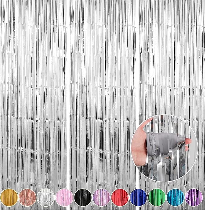 Crosize 7 Pack 3.3 x 9.9 ft Silver Foil Fringe Backdrop Curtain, Streamer Backdrop Curtains, Birthday Party Decorations, Tinsel Curtain for Parties, Galentines Decor, Preppy, Photo Booth