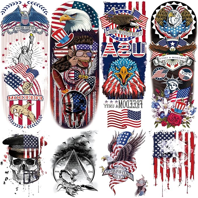 Fourth of July Temporary Tattoo Sleeves for Men Women, 4-Sheet Large Full Arm USA Patriotic 4th of July Fake Tattoo Sleeve Adult and 4-Sheet American Flag Half Temp Tatoo Independence Day