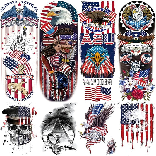Fourth of July Temporary Tattoo Sleeves for Men Women, 4-Sheet Large Full Arm USA Patriotic 4th of July Fake Tattoo Sleeve Adult and 4-Sheet American Flag Half Temp Tatoo Independence Day
