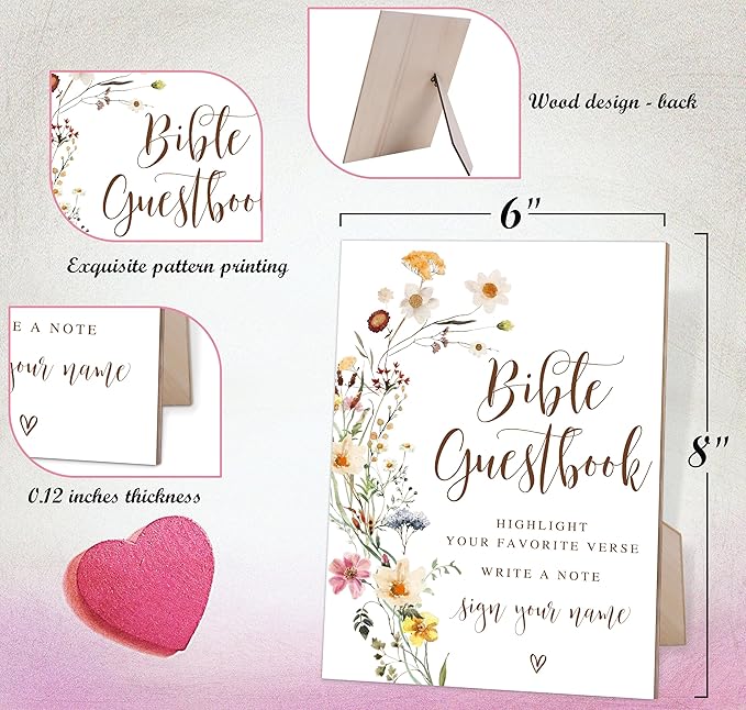 Flower Wedding Bible Guest Book Sign, Guest Book Alternative, Wedding Decorations for Reception, Bridal Shower Decor, Table Centerpieces for Party, 6X8 Inch Wooden Bridal Shower Signs with Stand, 22