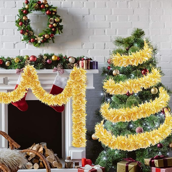 Dilunave 40 Feet Christmas Tinsel Garland Metallic Foil Twist Tinsel Garland Decoration for Christmas Tree, Wedding, Birthday and Party Hanging Decorations(Gold)