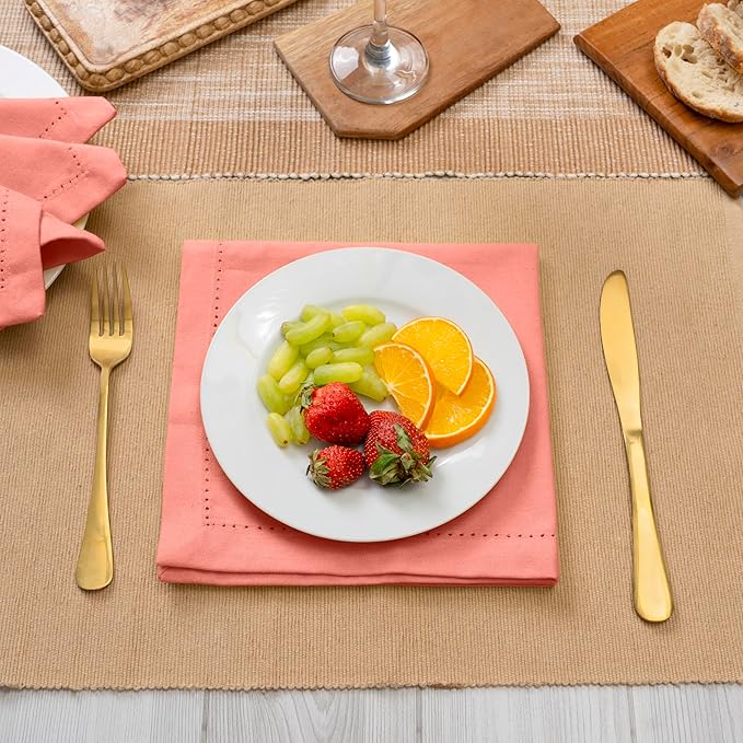Blue Needles Set of 6 Hemstitch Linen Napkins 100% Cotton Salmon Cloth Dinner Napkins 18x18 inches, Soft, Reusable, Absorbent, Washable, Ideal for Fall Thanksgiving Events, Parties & Everyday Use