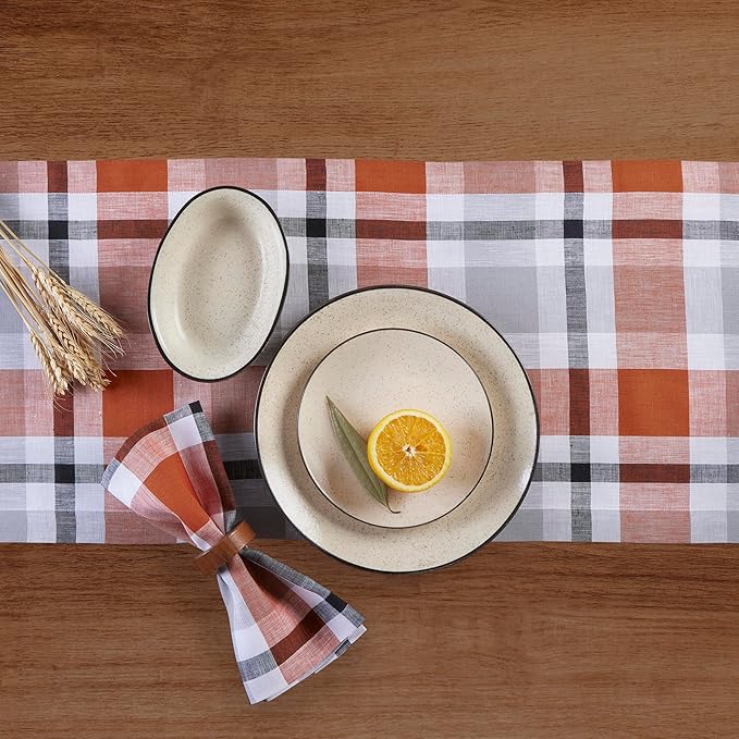Solino Home Pure Linen Cinnamon Plaid Table Runner 14 x 90 Inch for Dining – Autumn, Thanksgiving – Buffalo Check