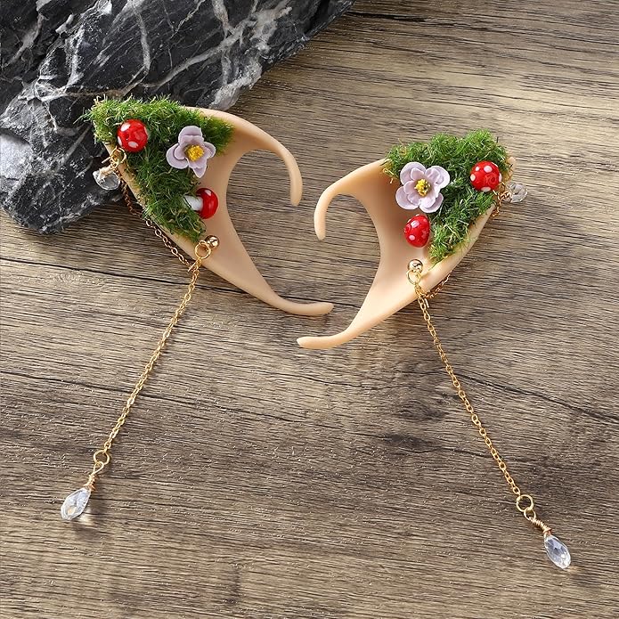 FRESHME Forest Mushroom Elf Ears, Soft Fairy Ears with Mushroom Moss and Flower Elven Ear Cuffs Halloween Renaissance Cosplay
