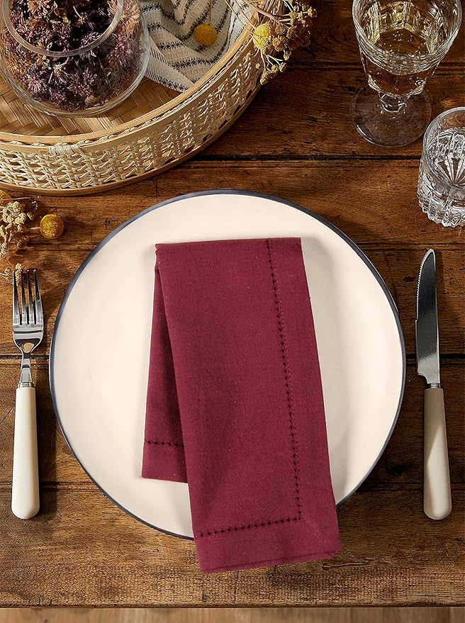 Palisa Cloth Dinner Napkins with Hemstitched Detailing & Mitered Corners Set of 4 (18x18 Inches) Burgundy - Cotton Reusable Dinner Napkins - Perfect for Weddings & Everyday Use