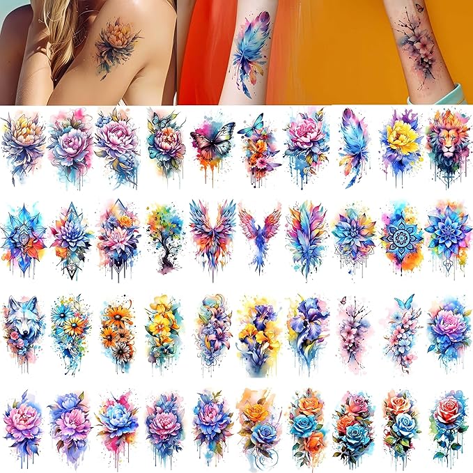 52 Watercolor Temporary Tattoos for Women Adults - Realistic 3D Floral Butterfly Phoenix Mandala Fake Tattoos Set, Waterproof Long Lasting Body Sticker for Parties Weddings (12 Large Tattoos Included)