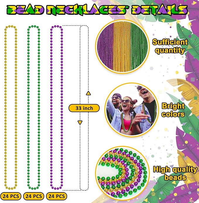 72PCS Mardi Gras Beads Throws, Mardi Gras Green Purple Gold Metallic Beads Necklaces Accessories Bulk, Mardi Gras Beads Necklace Costumes for Parade Throws Party Decorations Favor Supplies