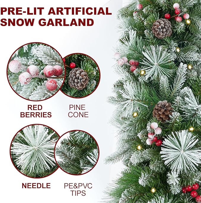 9ft Artificial Christmas Snow Garland with 50 led Lights Timer, Pine Cone, Christmas Red Berry Garlands Battery Powered Outdoor String for Mantle Stairs Railing Fireplace Door