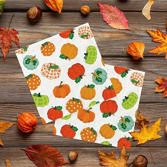YQUQWN 50 PCS Thanksgiving Pumpkin Paper Napkins Disposable Luncheon Autumn Decorative Napkin Fall Harvest Thanksgiving Friendsgiving Table Decor Party Supplies 6.5 x 6.5 Inch