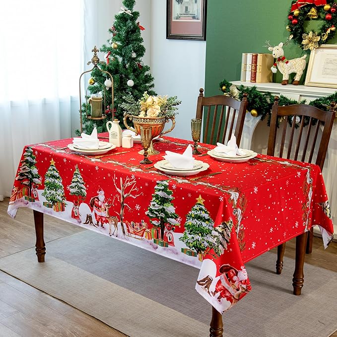 Christmas Waterproof Tablecloth – Red Holiday Table Cover with Santa Claus, Reindeer, Tree & Snowflake Design – Festive Dining Decor for Christmas Party and Home, W60 x L144 in