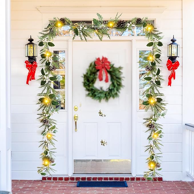6FT Holly Berry Garland, Lighted Christmas Garland with Timer, Battery Operated Garland Christmas for Staircase Winter New Year Door Decorations