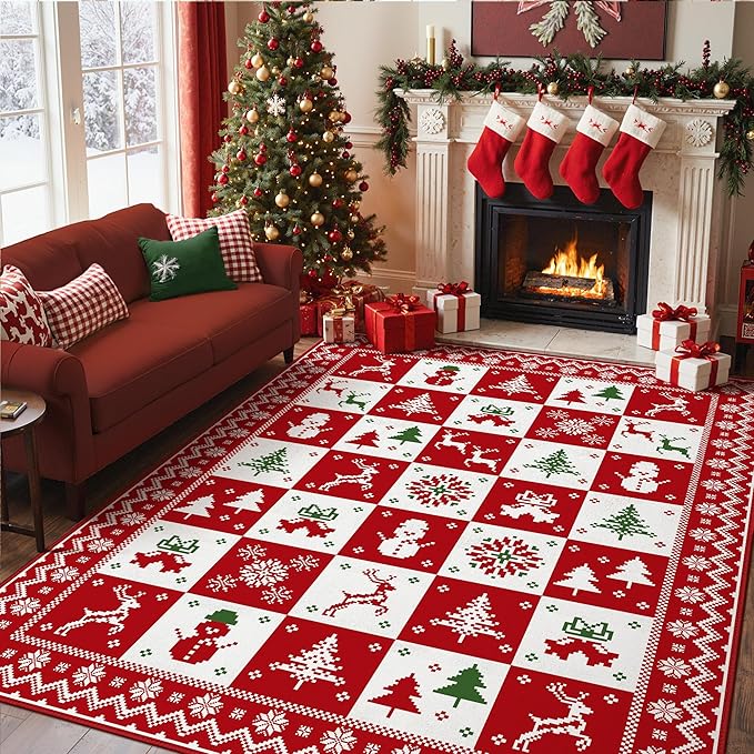 Christmas Area Rug 6x9 for Living Room, Washable Rug for Bedroom, Christmas Home Decor, Holiday Print Carpet, Low Pile Non Slip Mat with Rubber Backing, Red White Checkerboard