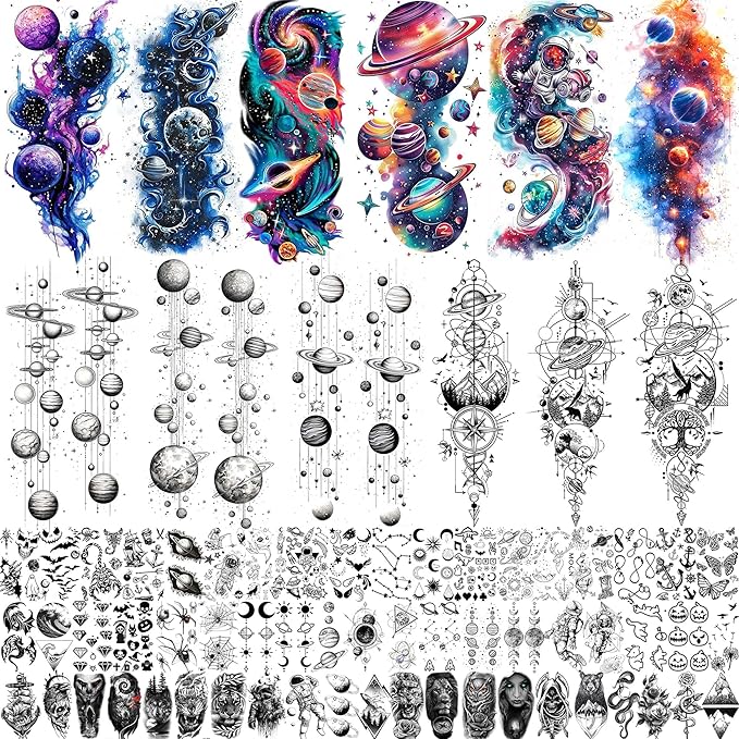70 Sheets Watercolor Planets Galaxy Temporary Tattoos For Women Men Kids Boys Girls, 3D Star Universe Solar System Waterproof Half Arm Sleeve Tattoos For Adult, Forearm Fake Tattoo Sticker Outer Space